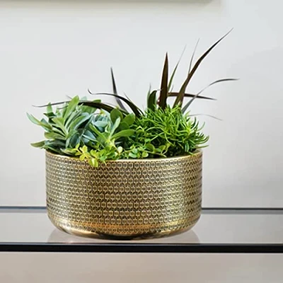 Image of Ivyline Solis Embossed Bowl Gold UV Stable, Hand Finished, Stylish &amp; Waterproof Decorative Indoor Premium Quality Metal Flower Pot H15cm x D30cm