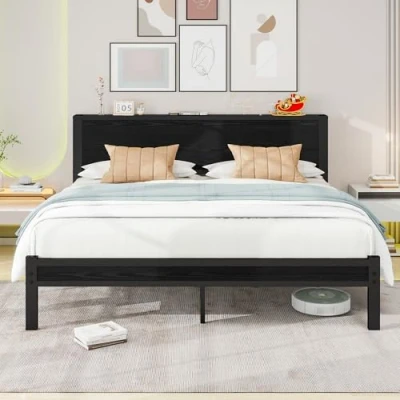 Image of Diahomy King Size Bed Frame Metal Platform with Wood Headboard/Mattress Base/Underbed Storage/No Box Spring Needed/Black
