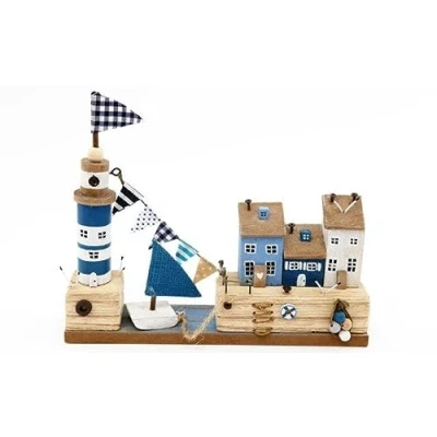 Image of Sifcon International plc Shabby Chic Wooden Coastal Decoration Seaside Houses/Harbour Lighthouse Ornament/Decoration on Plinth Natural, Navy, Blue, White 23 cm