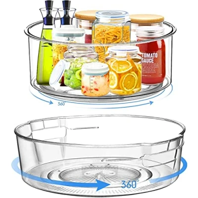 Image of Akls 2 Pack Lazy Susan Turntable Cupboard Organiser 28*8.6cm and 24*8.6cm Revolving Condiment Holder Plastic Rotating Spice Rack Multifunctional Kitchen Storage for Fridge Table Pantry Clear1