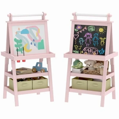 Image of AIYAPLAY Art Easel for Kids with Paper Roll, 3 in 1 Double Sided Magnetic Whiteboard and Chalkboard Storage Baskets, Children 6 Years Pink