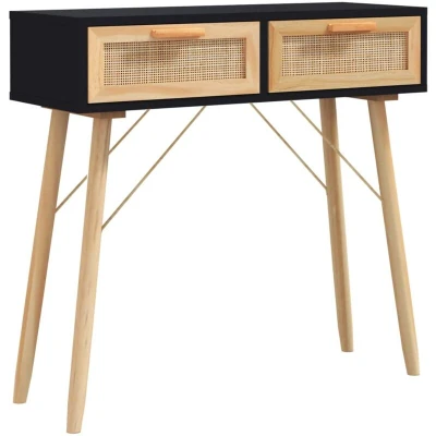 Image of vidaXL Console Table Black 80x30x75 cm Solid Wood Pine&amp;Natural Rattan