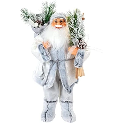 Image of VFM Silver 60cm Father Christmas Traditional Figure Xmas Decoration Luxury Realistic Standing Santa Claus Ornament With Nordic Festive Grey &amp; White Fur Suit