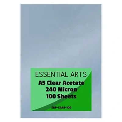 Image of Essential Arts A5 Clear Acetate 240 Micron Pack of 100 Sheets. Extra Thick PVC Binding Cover Ideal for Etching, Craft, Stencils Picture Frames and Gifts 148x210mm