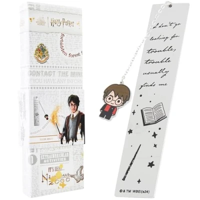 Image of Harry Potter Metal Bookmark with Hanging Charm, School University Reading Gifts (Silver/Multi)