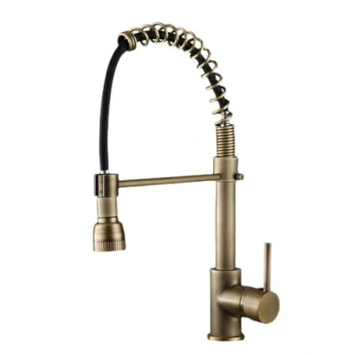 Image of Antique Brass Kitchen Tap with Pull Out Spray, Sink 360 Swivel Hot and Cold Single Handle Retro Mixer Taps