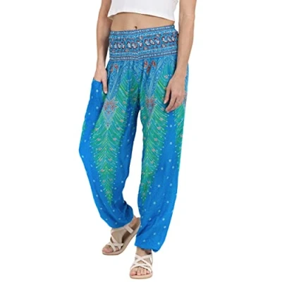 Image of Lofbaz Harem Pants for Women Yoga Boho Hippie Clothing Womens Palazzo Bohemian Pajama Trousers Beach Indian Gypsy Genie Clothes Peacock 1 Light Blue XL