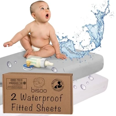 Image of Bisoo Baby Cot Bed Waterproof Sheets Fitted 140 x 70 / 28x55 Set of 2 Sheet Mattress Protector Made 100% Jersey Oeko Tex + PU Toddler Cots Beds &amp; Cribs Soft Silent White Gray