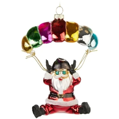 Image of BRUBAKER Santa Claus with Parachute Colourful Hand Painted Glass Christmas Bauble 5.1 inches Tree Parachutist Mouth Blown Ornament Figurine