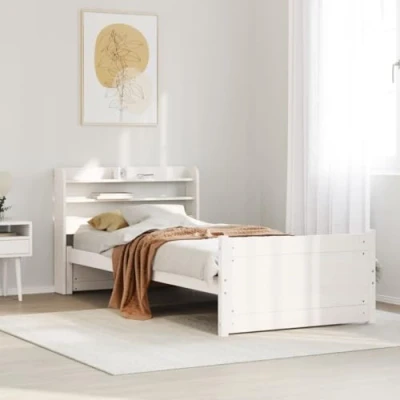 Image of vidaXL Solid Wood Pine Bed Frame with Freestanding Headboard Single 90x190 cm, White Storage Shelves, Plywood Slats, 21 cm Clearance
