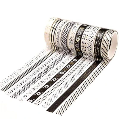 Image of YUBX Skinny Gold Washi Tape Set Foil Decorative for DIY Crafts, Bullet Journals, Planners, Scrapbooking, Wrapping (Black Theme)