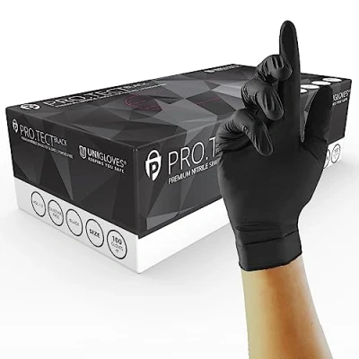 Image of Unigloves PRO.TECT Black GA0045 Nitrile Single Use Multipurpose, Powder Free Disposable Gloves, Box of 100 Black, Extra Large