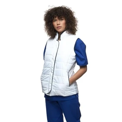 Image of White Gilet Women Body Warmer Lightweight, Robust Zipper With Velcro Fastener, Sleeveless Jacket For Women, High Collar Women&#039;s Gilets Leisure Or Workwear, Black Borders Contrast Design