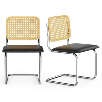 Image of VonHaus Dining Chairs Set of 2 Rattan Cantilever For Room Mid Century Style Black &amp; Kitchen Chair Table with Chrome Frame Furniture