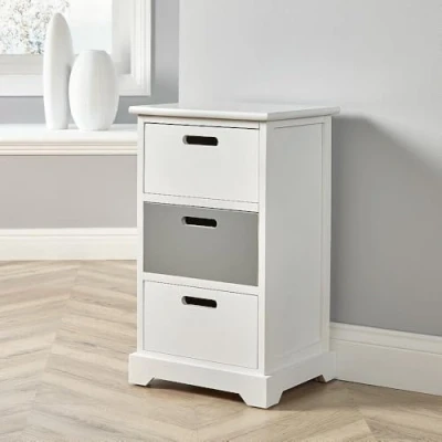 Image of Home Source Chest Bedside Table, Wooden Storage Organiser, White and Grey, 3 Drawer, Engineered Wood