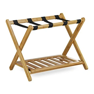 Image of Relaxdays Bamboo Luggage Stand, Size: 53 x 68 cm Foldable Suitcase Rack for Holding Suitcases Backpacks as Support or Stand made of Wood Tray and Shelf, Natural Brown