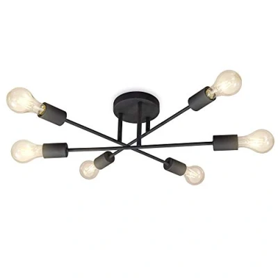 Image of B.K.Licht Industrial Ceiling Light, Adjustable arms, E27 Socket, Semi Flush Mount Lamp for Living Room, Bedroom, Dining Kitchen, 6 Bulbs not Included, Black Metal Retro Chandelier IP20