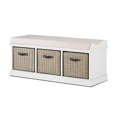 Image of Tetbury Furniture white storage bench with brown baskets and cushion