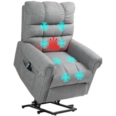 Image of HOMCOM Power Lift Chair for Elderly, Electric Recliner Armchair with Massage and Heat, Type C USB Ports, Fabric Riser Reclining Side Pockets, Grey