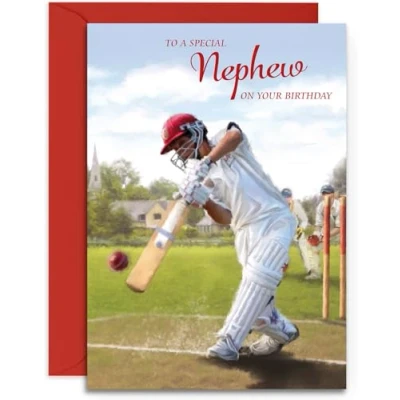 Image of Nephew Birthday Card Cricket Design for Him Happy A5 Size with Red Envelope
