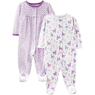 Image of Simple Joys by Carter&#039;s Baby Girls&#039; 2 Pack Cotton Snap Footed Sleep and Play Toddler Sleepers, Purple Dots/White Unicorn, Premature (Pack of 2)