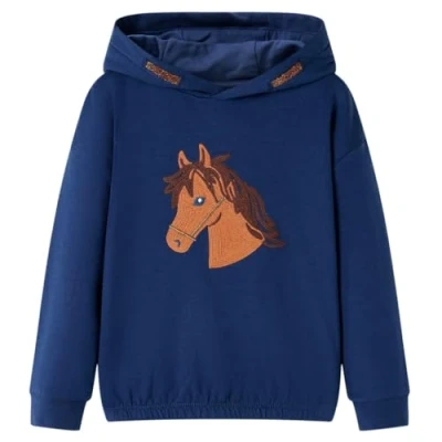 Image of vidaXL Kids Navy Blue Horse Design Hooded Sweatshirt Long Sleeve Pullover Hoodie with Soft Cotton Blend and Elastic Hem, Size 104, Suitable for 3 4 Years