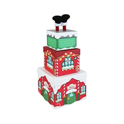 Image of Stackable Santa&#039;s Grotto Scene Christmas Gift Boxes, Nested Eve Box, Father 3 Tier Nest Box Pack LARGE