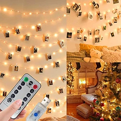 Image of Photo Clip String Lights,100 LED 10M Copper Wire Hanging Fairy Lights with Remote,USB or Battery Powered,Decoration for Bedroom Christmas Wedding Party (50 &amp; 25 Nails,Warm White,8 Modes)