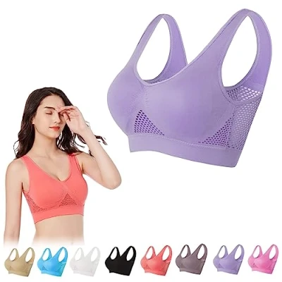 Image of Breathable Cool Lift Up Air Bra, Seamless No Underwire Permeable Cooling Comfort Bra,Mesh Sports Bras for Women (Purple,XL)