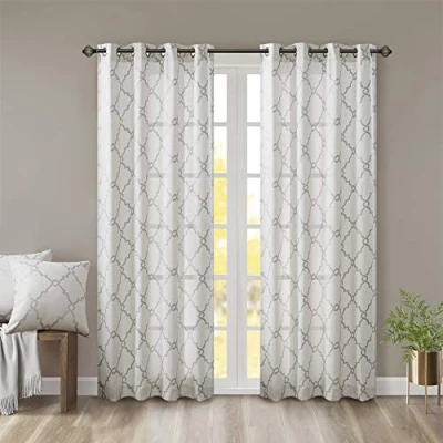 Image of Madison Park Saratoga Single Window Curtain Light Filtering Fretwork Print 1 Panel Grommet Top Drape for Living Room Bedroom and Dorm, 50x63, Ivory/Grey