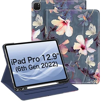 Image of FINTIE Case Compatible with iPad Pro 12.9 inch (2022/2021/2020/2018, 6th/5th/4th/3rd Generation), Multi Angle Smart Stand Cover w/Pencil Holder &amp; Pocket, Auto Sleep/Wake, Blooming Hibiscus