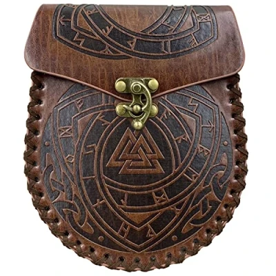 Image of HiiFeuer Nordic Embossed Belt Bag, Retro Medieval Faux Leather Side Pack, Vintage Portable Pouch for LARP Ren Faire (Odin)