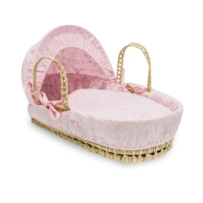 Image of Kinder Valley Broderie Anglaise Moses Basket Bedding Set Dressing Cover and Hood with Padded Liner (Basket &amp; Fittings not Included)