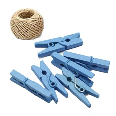 Image of 100 Colored Wooden Mini Pegs Clothespins Craft Photo Clips with 20 meters Jute Twine for Rustic Decoration (Skyblue)