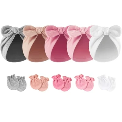Image of DRESHOW Newborn Baby Bow Knot Turban Hat Mittens Set Hospital Beanie Infant Hats Cotton Gloves No Scratch for Boys Girls 0 12 Months