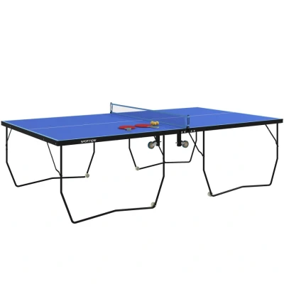 Image of SPORTNOW 9FT Folding Table Tennis Table, Portable Full Size Ping Pong w/ 8 Wheels, 2 Bats, 3 Balls, Quick Set Up Indoor Game Blue