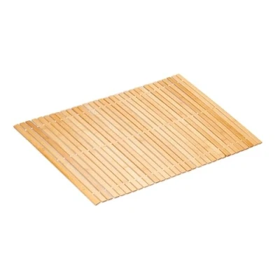 Image of Relaxdays Bamboo Bath Mat, 80x50 cm, Non Slip, for Shower, Roll up Bathroom Accessory, Rubber Pads, Slats, Natural/White, 80 x 50 cm