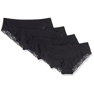 Image of Amazon Essentials Women&#039;s Cotton and Lace Hipster Knickers, Pack of 4, Black, 10