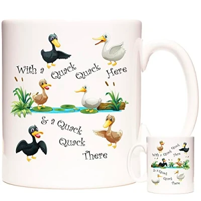 Image of Duck Gift Coffee Mug, with a Quack Here and There Mug. Ceramic Mug for Fanciers.