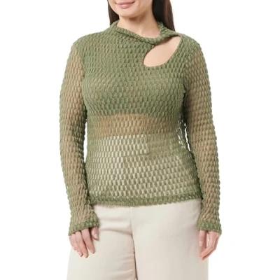 Image of Trendyol Women&#039;s Straight Long Sleeve Slim Blouse, Khaki, XS