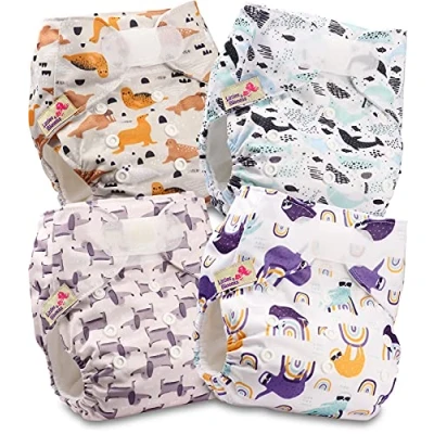 Image of Littles and Bloomz Baby Reusable Pocket Nappy Cloth Diaper, Standard Hook Loop, 4 Nappies, FLV2 0401
