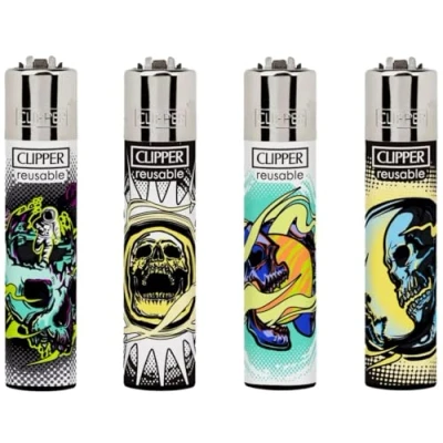 Image of Clipper Lighters 4pcs Set, Collection SET DESIGN (No Fuel) Mix Designs Refillable Assorted Colors Reusable Soft Flame Kitchen Lighter (Graffiti Leaves 4pcs)