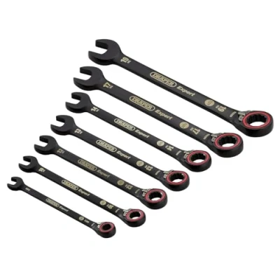 Image of Draper 03911 Expert HI TORQ Metric Reversible Ratchet Combination Spanner Set, Black (7 Piece)