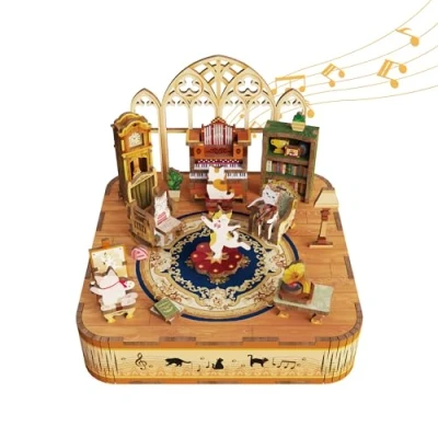 Image of Tonecheer Music Box Wooden 3D Puzzle, Cat&#039;s Family DIY Model Kit for Adults, Rotating Box, Puzzle Home Decoration Gifts Birthday Christmas