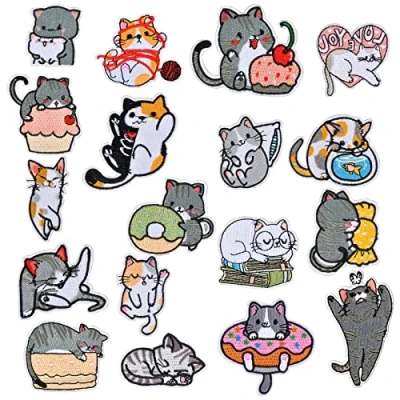 Image of 18pcs Iron on Patches, Mini Cats Clothing Cute Kitten Repair Kit, Sew Cat Animals Embroidered Sticks for Girls Kids DIY Jeans Skirt