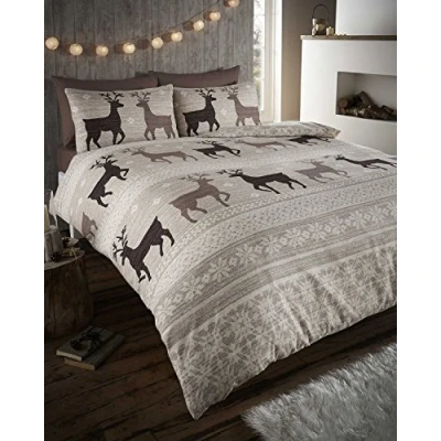 Image of Helsinki Flannelette Taupe Stag Super King Quilt Duvet Cover and 2 Pillowcase Brushed Cotton Bedding Bed Set, Brown