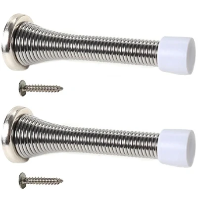 Image of 2X Wall Mounted Chrome Spring Door Stops Skirting Board Sprung Stoppers