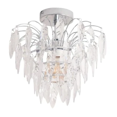 Image of Silver Chrome Waterfall Clear Acrylic Jewel Droplet Ceiling Light Fitting for Living Room Bedroom Hallway LED Bulb Included