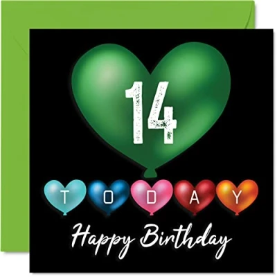 Image of Fun 14th Birthday Cards for Boys Girls Heart Balloons Happy Card Son Daughter Brother Sister Grandson Granddaughter Niece Nephew Cousin, 145mm x Greeting