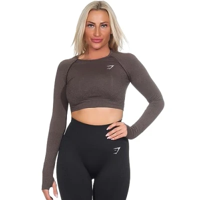 Image of GYMSHARK Vital Seamlesss Womens Fitness Training Crop Top Brown M